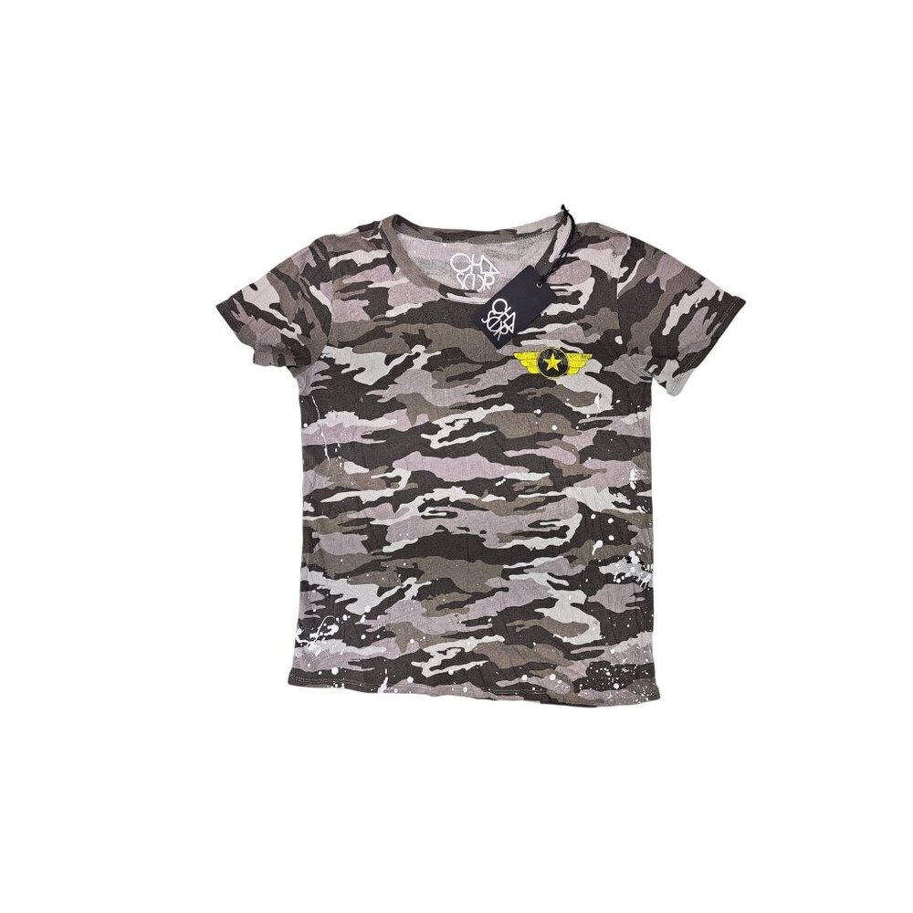 Chaser Distressed Camo T-Shirt Military Style Wing Emblem Women Small New Tee